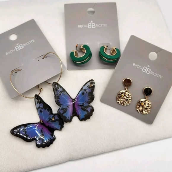 Lot Of 3 Pairs Bijou BRIGITTE Pierced Earrings Butterfly Gold Nugget Green Hoop - Picture 2 of 15